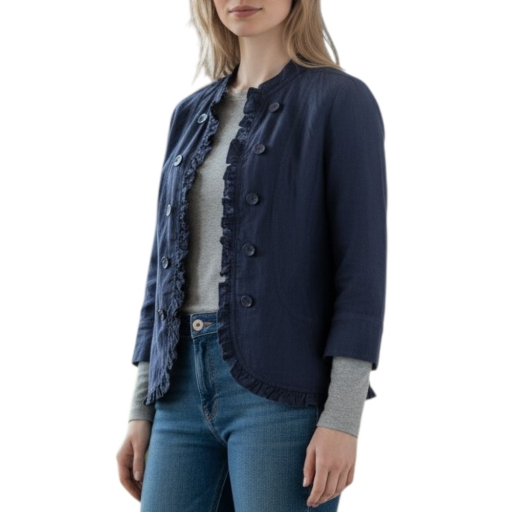 Loft Women's Navy Blue Ruffle Open Front Jacket. Medium.